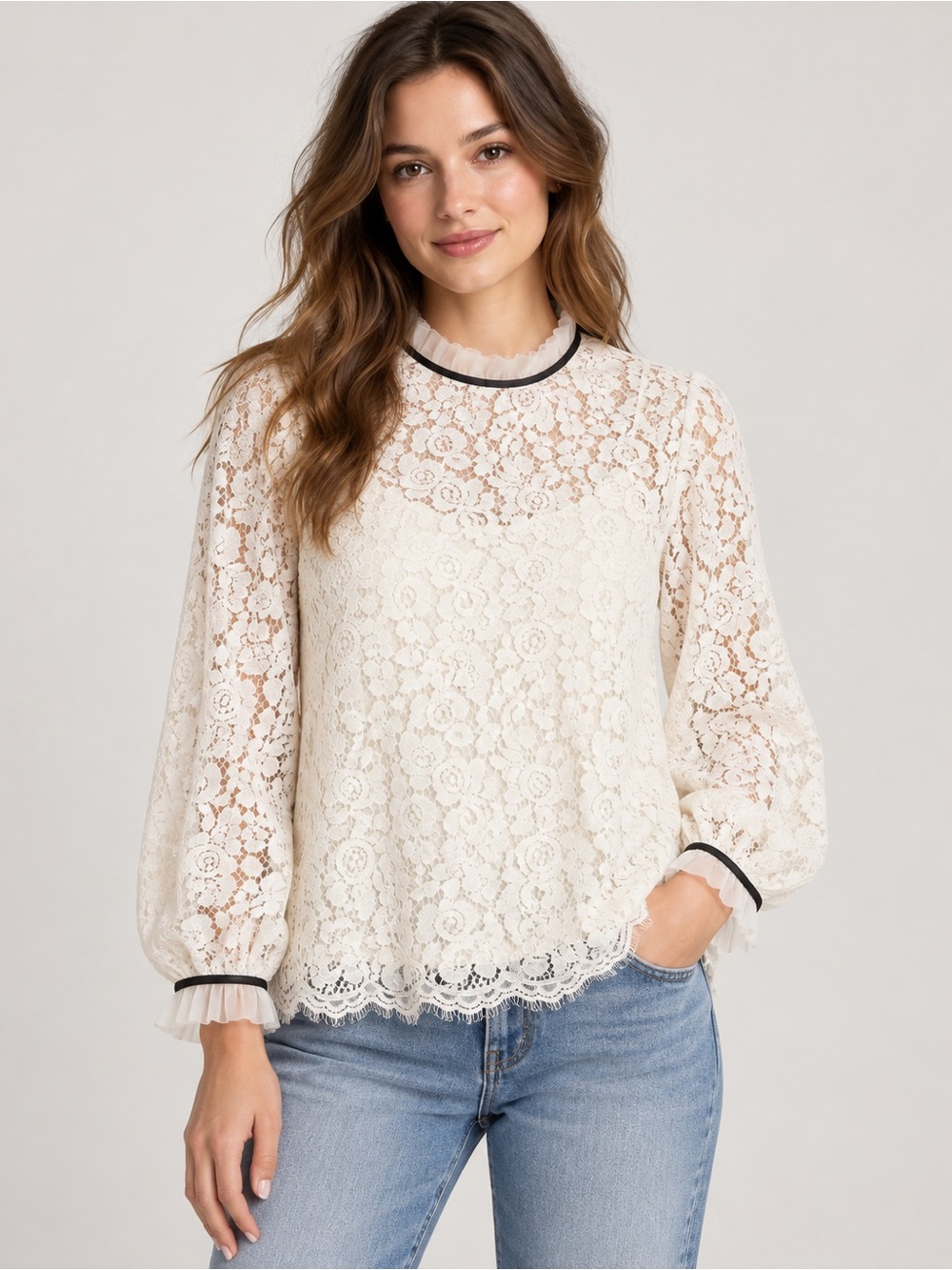 NWT Velvet by Graham & Spencer White Floral Lace Blouse Small Ruffle Black Trim